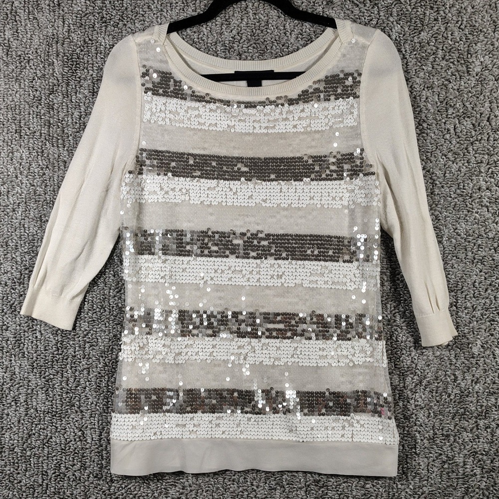 White House Black Market Knit Top White Sequin Striped Glam Women Small